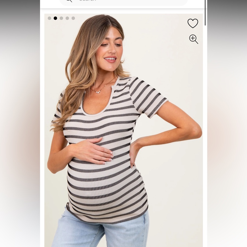 Beige Black Stripe Short Sleeve Round Neck Maternity Top